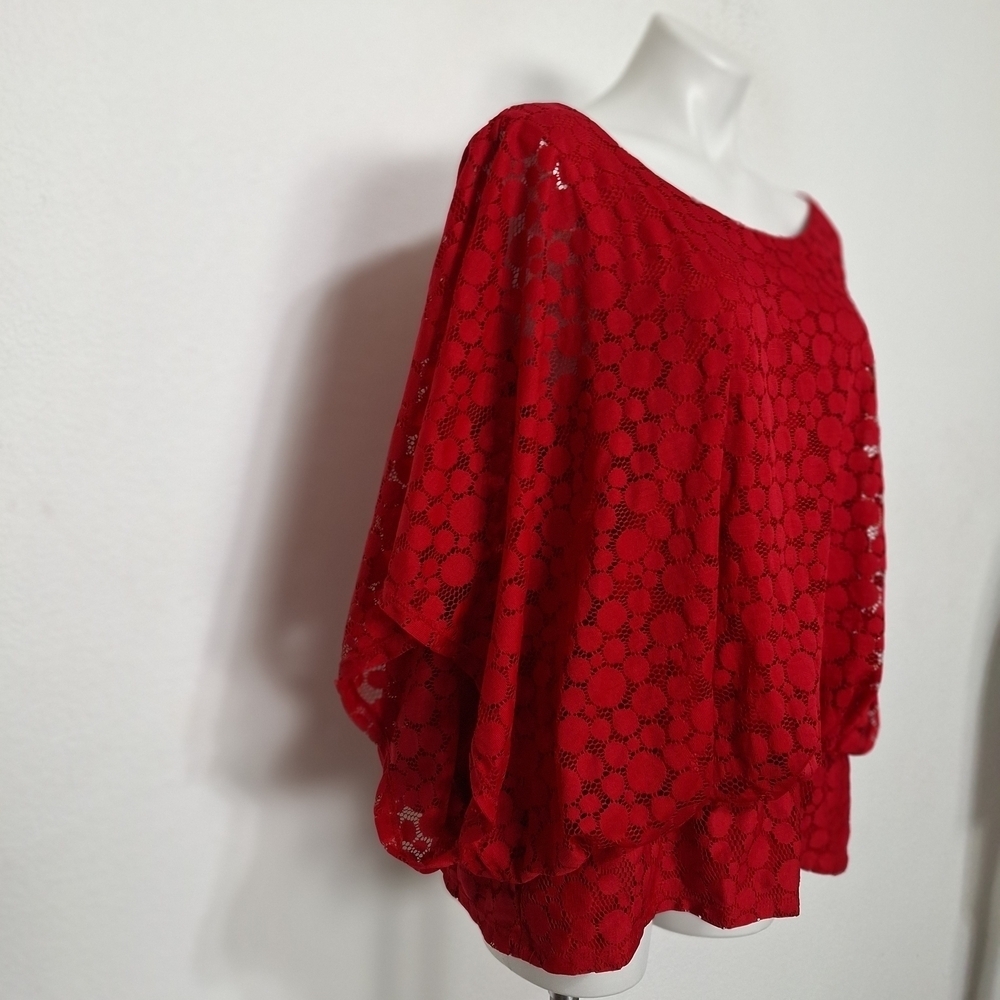 Valerie Stevens Romantic Feminine Red Lace Statement Wide Sleeve Blouse Size 2X - Picture 6 of 10